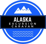 A blue circle with the words alaska excursion caravan in it.